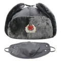 Graue Winter Ushanka Mütze mit Gesichtsmaske und rotem Sowjetstern, winddicht warm outdoor. - Einheitsgröße / Maske Grau + Sowjetisches Abzeichen