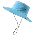 Close-up of lightweight blue outdoor sun hat with breathable mesh and wind strap details. - Pure Sky Blue