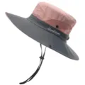 Kids outdoor sun hat with wide brim, breathable mesh crown, and wind rope. Perfect for hiking and beach. - Pink and Gray