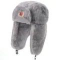 Grey faux rabbit fur ushanka winter hat with Soviet red star badge ear flaps warm - One Size / Badge Style / Light Gray