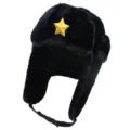 Schwarze russische Uschanka Mütze mit goldenem Stern Abzeichen, warme Ohrenklappen Kappe. - Einheitsgröße / Schwarz + Goldener Fünfeckiger Stern
