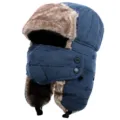 Warme Winter-Trappermütze mit Fellimitat, winddichter Maske und süßer Katzenstickerei für Tage. - Einheitsgröße / Marineblau