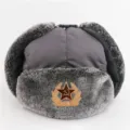Verdickte Sowjet Abzeichen Ushanka Mütze winddicht wasserdicht Winter warme Trapper Mütze - Einheitsgröße / Grau + Sowjetisches Abzeichen