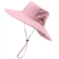 Pink wide brim sun hat with windproof chin strap, breathable outdoor fishing bucket hat. - Pink