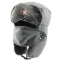 Detail shot of the grey winter ushanka hat with face mask and Soviet red star badge. - Gray + Hammer and Sickle Star