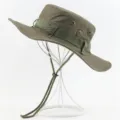 Armeegrüner Baumwoll-Fischerhut für Outdoor-Wandern, Sonnenschutz-Angelkappe mit Kinnriemen. - Einheitsgröße / Armeegrün