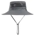 Dark grey wide brim bucket hat with mesh ventilation and adjustable chin strap for outdoor sun protection. - Dark Gray