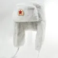 White plush winter ushanka hat with Soviet badge warm thermal earflap cap for outdoor cold weather - White + Soviet Badge