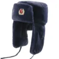 Winter warm ushanka hat with Soviet badge thick faux fur earflap cold weather trapper cap - Navy Blue + Soviet Badge