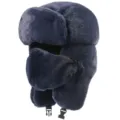 Thickened faux rabbit fur ushanka hat with earflaps and face mask for winter cold protection - One Size / Navy Blue