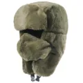 Faux rabbit fur ushanka hat close-up, thick warm earflap detail and adjustable mask design. - One Size / Army Green