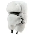 Detail view of white faux fur winter ushanka hat with earflaps and warm face mask design. - One Size / Pure White