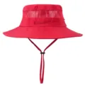 Detail view of the red outdoor bucket hat featuring breathable mesh crown and chin cord. - Bright Red