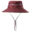 Wine red wide brim bucket hat with breathable mesh and windproof rope for outdoor summer sun. - Burgundy