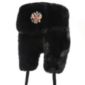 Black faux fur ushanka winter hat with gold double headed eagle badge warm earflap cap - Black + Double-Headed Eagle Badge
