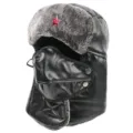 Winter warme Leder Ushanka Mütze mit Sowjetstern Abzeichen, winddichte Plüsch Fliegermütze Damen Herren - Einheitsgröße / Schwarz + Roter Stern