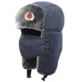 Thickened blue ushanka winter hat with earflaps, windproof face mask and retro badge design. - One Size / Navy + Soviet Badge