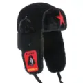 Schwarze dicke thermische Bombermuetze mit rotem Stern und Stickerei fuer Winter winddicht. - Einheitsgröße / Aufnäher Roter Stern + Lei Feng