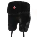 Winter warm ushanka hat black plush thickened faux fur bomber hat outdoor cold weather earflap - Black + Hammer and Sickle Star