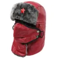 Bonnet ushanka d'hiver rouge avec fausse fourrure et masque facial amovible pour temps froid. - Taille unique / Rouge + Étoile Rouge