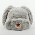 Grey faux fur ushanka hat winter warm bomber hat with soviet star badge for cold weather - One Size / Light Gray + Soviet Badge