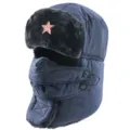 Winter warm ushanka bomber hat with soviet badge, waterproof and windproof outdoor earflap - Navy + Hammer and Sickle Star