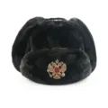 Black faux fur ushanka hat with gold eagle emblem winter warm windproof earflap cap - One Size / Black + Double-Headed Eagle Badge