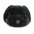 Black faux rabbit fur Ushanka hat with Soviet red star badge, warm winter bomber hat. - One Size / Black + Hammer and Sickle Star