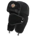 Schwarze Fell-Tschapka mit abnehmbarer Gesichtsmaske und Emblem für kalte Wintertage. - Einheitsgröße / Maskenstil - Doppeladler-Abzeichen