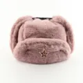 Pink fluffy plush Ushanka hat with Soviet red star badge, warm winter earflap trapper cap. - One Size / Pink + Hammer and Sickle Star