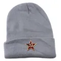Grey knitted beanie hat with vintage Soviet red star hammer sickle badge for men and women - One Size / Gray + Hammer and Sickle Star