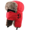 Dicke rote Winter Ushanka Mütze mit Gesichtsmaske Katzenstickerei winddichte Trapper Kappe - Einheitsgröße / Rot