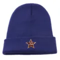 Blue knit beanie hat detail showing the red star metal badge, warm winter style. - One Size / Blue with Red Star Emblem