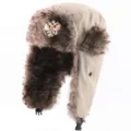 Beige winter ushanka bombermuts met badge, winddichte pluche oorkleppen voor buitenactiviteit. - Eén maat / Beige + Tweekoppige Adelaarsbadge