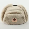Faux rabbit fur ushanka hat with Soviet star badge winter warm trapper hat for outdoor wear. - One Size / Khaki + Soviet Badge