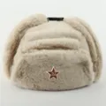 Plush faux rabbit fur ushanka hat with Soviet badge warm winter earflap trapper cap - One Size / Khaki + Hammer and Sickle Star