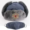 Verdickte russische Ushanka Mütze mit Abzeichen, winddichte wasserdichte Winter Outdoor warme Mütze. - Einheitsgröße / Maske Marineblau + Doppeladler Abzeichen