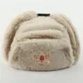 Faux rabbit fur ushanka winter hat with metal badge ear flaps warm windproof snow cap - One Size / Khaki + Double-Headed Eagle Badge