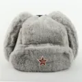 Grey faux fur ushanka hat winter warm trapper bomber hat with soviet red star badge - One Size / Light Gray + Hammer and Sickle Star