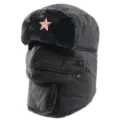 Black winter ushanka hat with soviet red star badge warm windproof earflap trapper hat - Black + Hammer and Sickle Star