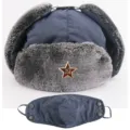 Wasserdichte sowjetische Uschanka Pelzkappe mit Abzeichen, dicke Winter-Outdoor-Mütze. - Einheitsgröße / Maske Marineblau + Hammer und Sichel Stern