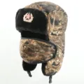 Soviet camouflage ushanka hat with face mask, thick winter warm earflap cap for outdoor. - One Size / Yellow Leaf + Soviet Badge