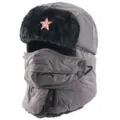 Winter ushanka bomber hat with face mask, windproof warm earflap cap for outdoor cold weather. - Gray + Hammer and Sickle Star