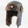 Warme winter ushanka muts met nepbont oorkleppen, winddichte shell en rode ster badge. - Eén maat / Grijs + Hamer en Sikkel Ster