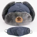 Sowjetische Abzeichen Ushanka Winter warme winddichte Thermoreklame Haube mit Gesichtsmaske - Einheitsgröße / Maske Marineblau + Sowjetisches Abzeichen