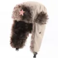 Winter thermische ushanka muts met nepbont en sovjet badge winddichte oorklep hoed - Eén maat / Beige + Hamer en SIKKEL Ster