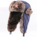 Blauwe Winter Ushanka Muts met Sovjet Badge, Bont Warme Winddichte Oorklep Bombersluiter SKU. - Eén maat / Marineblauw + Hamer en Sikkel Ster
