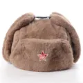 Brown plush ushanka hat with Soviet red star badge, warm winter earflap bomber hat for outdoor. - One Size / Coffee + Hammer and Sickle Star