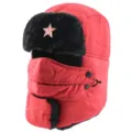 Soviet emblem ushanka winter hat with face mask, red thick thermal windproof earflap bomber cap. - Red + Hammer and Sickle Star