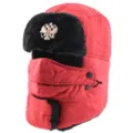 Red winter ushanka hat with face mask, thickened warm windproof bomber hat for outdoor cycling. - Red + Double-Headed Eagle Badge